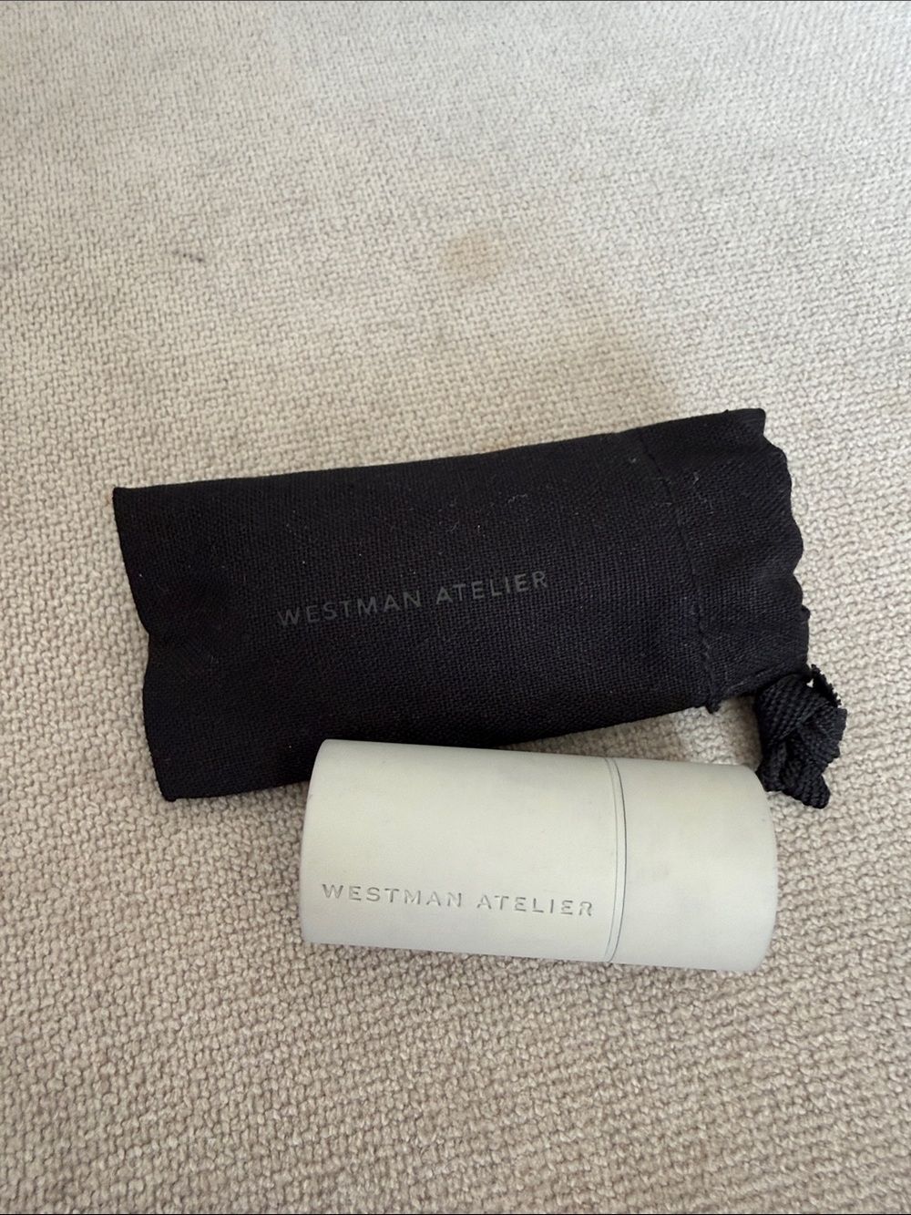 Westman Atelier Light Gray Makeup Case with Black Drawstring Dust Bag